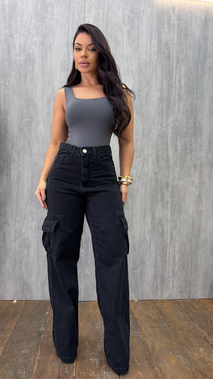 Calça Jeans Cargo Preta Black Jeans 25653
