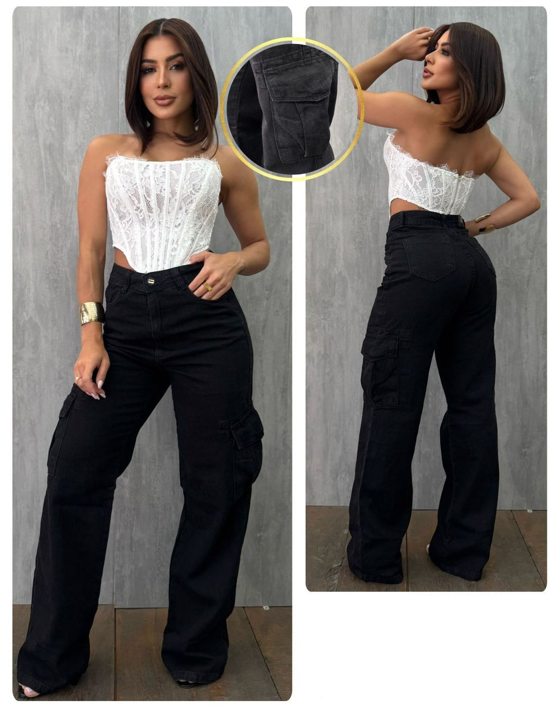 Calça Jeans Cargo Preta Black Jeans 25653