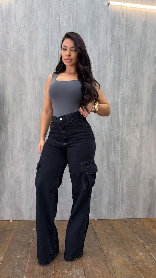 Calça Jeans Cargo Preta Black Jeans 25653